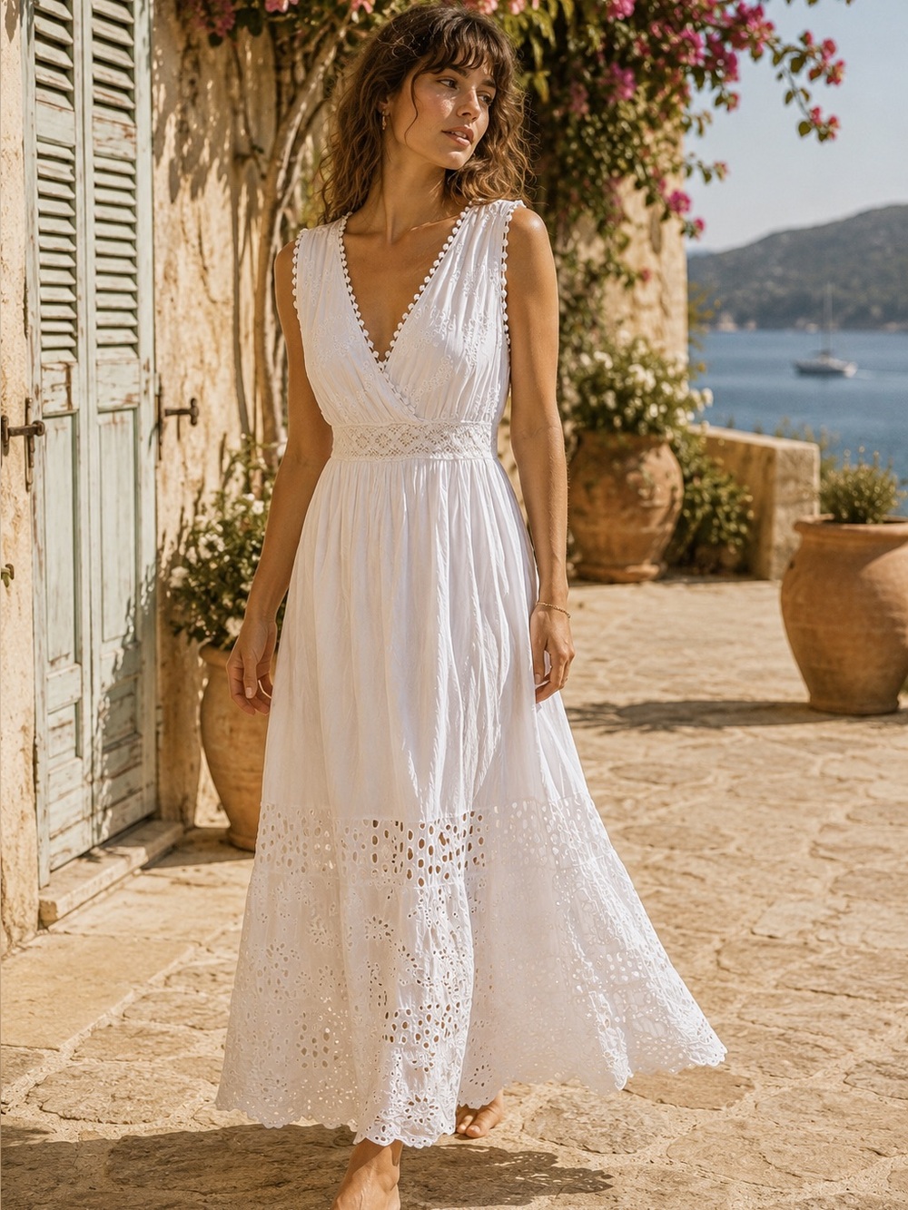 SUNNY STUDIO PARIS White Cotton Romantic Eyelet Tank Made in Italy Dress, S/M